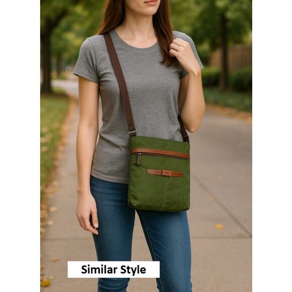 Nine West Green Nylon Crossbody Bag Brown Leather Trim Adjustable Strap - Picture 9 of 9